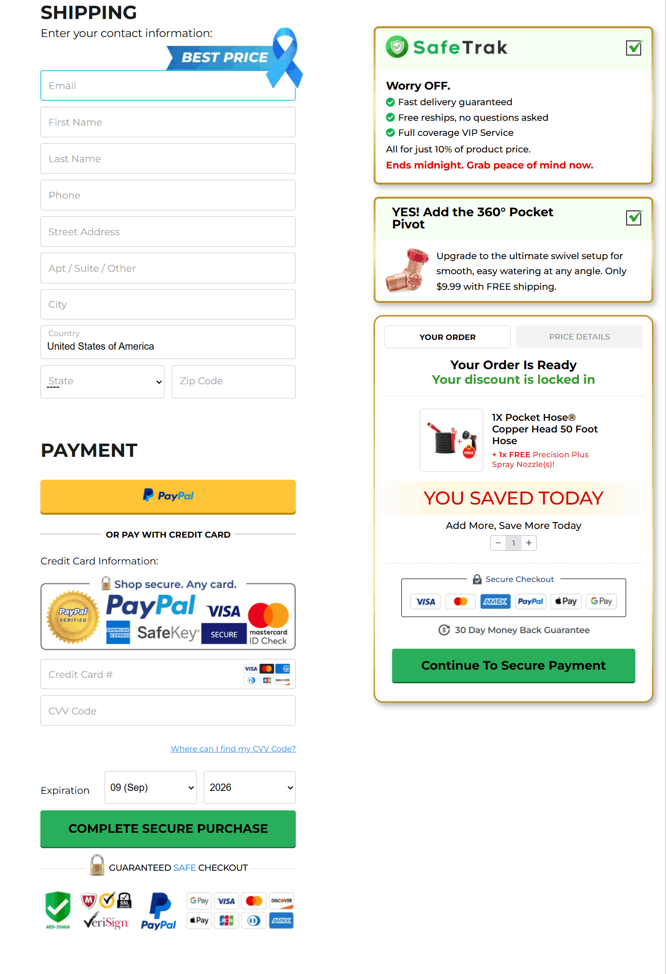 Pocket Hose Copper Head secure checkout page